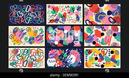Vibrant abstract doodles with playful scribbles, blobs, and hand-drawn elements. Perfect for kids visuals, artistic branding, and energetic graphic compositions. Stock Vector