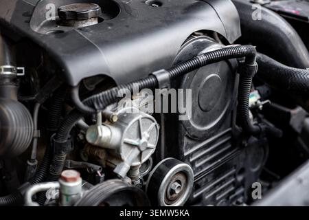 Front engine view with visible belts and pulleys during service. auto maintenance, timing belt area, repair work Stock Photo