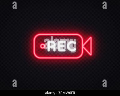 Neon video camera icon with REC text and glowing outline. Futuristic streaming symbol for online broadcast, content creation, live session and media Stock Vector