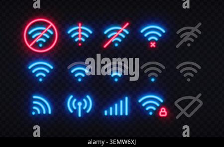 Neon wireless technology icons including Wi-Fi, antenna, signal bars, secure connection, and hidden network. Modern glowing symbols for connectivity Stock Vector
