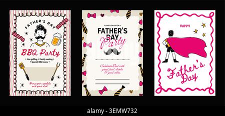 Father's Day Whimsical Doodle BBQ Party Invitation Greeting Card Set Collection Father Vector Stock Vector