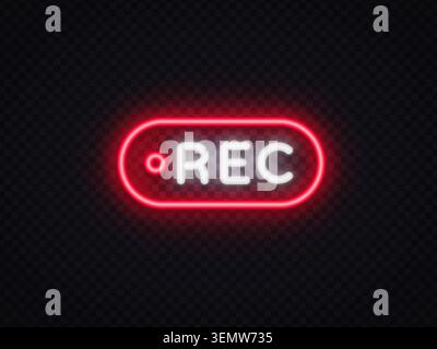 Neon REC button with bright glowing border on transparent background. Modern recording indicator for streaming platform, vlog content, video editing Stock Vector