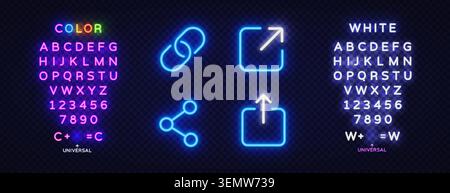 Neon web interaction icons including hyperlink, external link, share, and upload symbols, paired with editable glowing text elements for custom labels Stock Vector