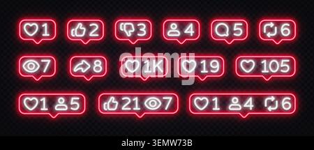 Neon red social media notification set with like, follow, comment, share, view counters and combined badges on dark background. Glowing UI kit for app Stock Vector