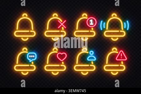Set of 8 neon yellow notification bell icons with heart, warning, message and user badges on dark background. Glowing alert symbols for social media Stock Vector