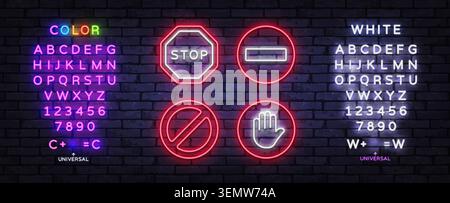 Neon restriction and stop symbols featuring stop sign, no entry, prohibited sign, and hand stop icon, combined with editable neon text for Stock Vector