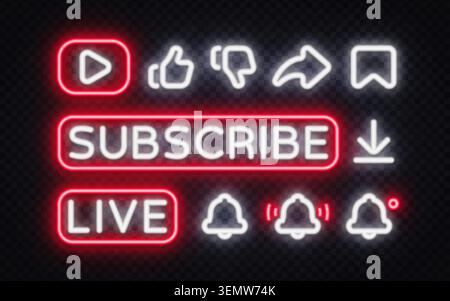 Neon red Subscribe and Live buttons with play, like, dislike, share, bell and download icons on dark background. Glowing UI kit for video channel or Stock Vector