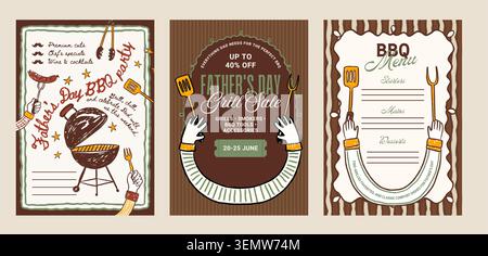 Father's Day Whimsical Doodle BBQ Grill Sale Menu Set Discount Collection Father Vector Stock Vector