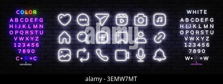 Neon white social media icon set with heart, chat, camera, home, search, bell and more on brick wall background. Glowing UI kit includes editable Stock Vector