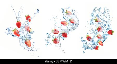 Fresh strawberries and water splashes in air on white background, set Stock Photo