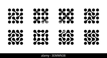 Atom dots connected in molecule structure pattern. Abstract circle shapes, collagen liquid drops. Medical tech metaball cells. Wavy merge fluid arrow Stock Vector