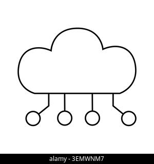 Abstract cloud icon with radiating circuit board rays. Vector line art illustration in sign style for presentations, data centers. Stock Vector