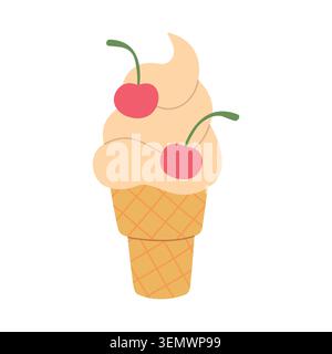 Ice cream cone in a waffle cup with cherries. Flat hand-drawn style. Dessert design. Vector illustration on a white background. Stock Vector