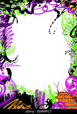 Grunge vibrant colorful frame templates featuring doodles, spray paint, and ink drops. A set of graffiti art backgrounds with abstract street art Stock Vector