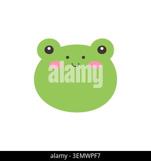 Cute Kawaii Frog Face Flat Vector Illustration on White Background Stock Vector