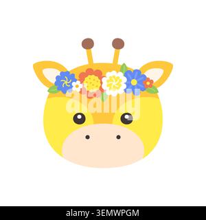Cute Kawaii Giraffe Face with Flower Crown Flat Vector Illustration on White Background Stock Vector
