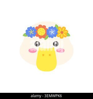 Cute Kawaii Duck Face with Flower Crown Flat Vector Illustration on White Background Stock Vector