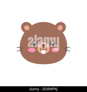 Cute Kawaii Beaver Face Flat Vector Illustration on White Background Stock Vector