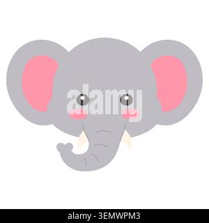 Cute Kawaii Elephant Face Flat Vector Illustration on White Background Stock Vector