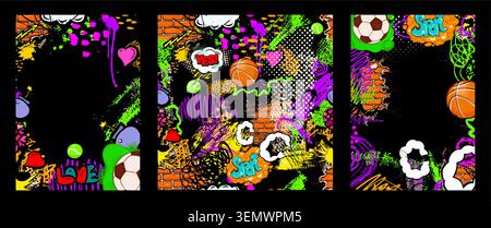 Grunge vibrant colorful frame nd seamless background templates featuring doodles, spray paint, and ink drops. A set of graffiti art backgrounds with Stock Vector