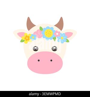 Cute Kawaii Cream Cow Face with Flower Crown Flat Vector Illustration on White Background Stock Vector