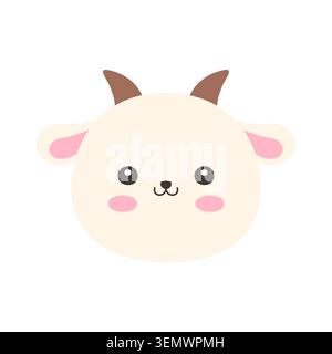 Cute Kawaii Goat Face Flat Vector Illustration on White Background Stock Vector