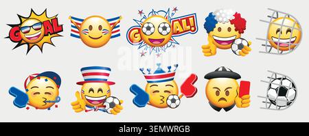 round yellow emojis with a soccer theme and different facial expressions: happy, in love, partying, surprised, and with the soccer ball Stock Vector