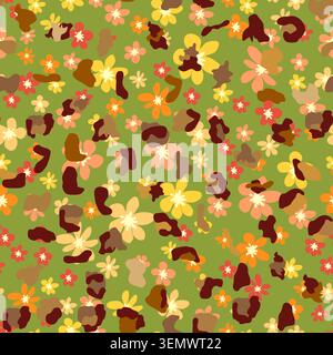 Leopard print with flowers and leaves. Design for leopard print textile fabric. Suitable for fashion Stock Vector