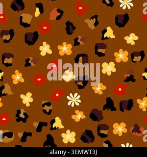 Leopard print with flowers and leaves. Design for leopard print textile fabric. Suitable for fashion Stock Vector