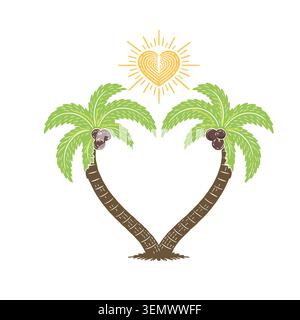 heart shaped palm trees . Hand drawn. Not AI, vector illustration. Stock Vector