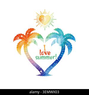 heart colored shaped palm trees . I love summer. Hand drawn. Not AI, vector illustration. Stock Vector