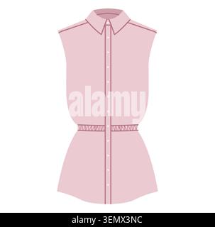 Pink sleeveless shirt dress with button front closure, pointed collar and relaxed straight silhouette with clean minimal construction. Technical fashion illustration front view. Vector Stock Vector