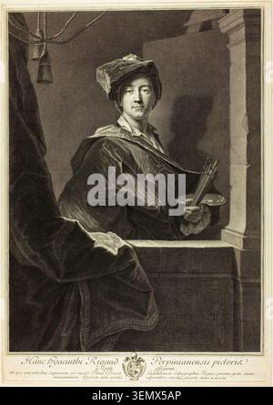Portrait of Hyacinthe Rigaud by Pierre Drevet, 1700, depicting the renowned French painter at work in his studio, holding brushes and palette Stock Photo