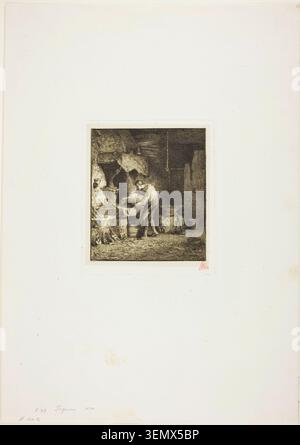 Blacksmith Facing Left by Charles Émile Jacque, 1850, depicting a bearded craftsman at work in his forge, attended by a figure in light clothing within a rustic workshop interior Stock Photo