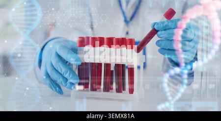 Medical laboratory technician holding blood sample tube with DNA overlay, healthcare research and diagnostic testing, a medical laboratory technician Stock Photo
