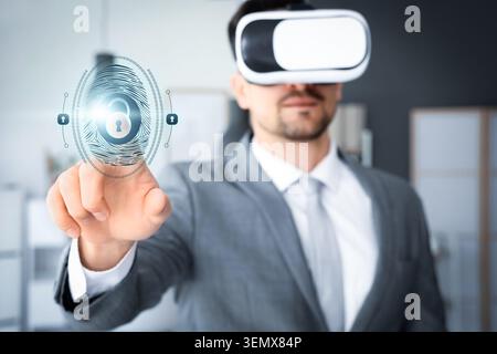 Businessman in VR headset interacting with digital fingerprint security system, virtual reality biometric authentication Stock Photo