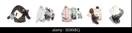 Flat lay collection of men's autumn and winter outfits with shirts, sweater, trousers, leather shoes, accessories and folded clothing isolated on whit Stock Photo