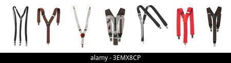 Of various men's suspenders in different colors and styles, fashion accessories for formal and casual wear Stock Photo
