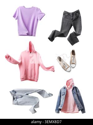 Flat lay collage of casual clothing set with pastel purple t-shirt, pink hoodie, black jeans, light blue denim jeans, denim jacket and beige sneakers Stock Photo