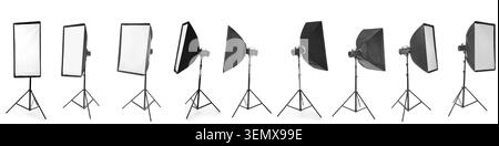 Professional photography studio softbox lighting equipment collection on white background for commercial photo shoots, various sizes and shapes of sof Stock Photo