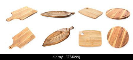 Of eight wooden cutting boards and serving trays for kitchen and dining, isolated on white background Stock Photo