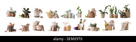 Of woven baskets with home decor, plants, and household items on white background Stock Photo