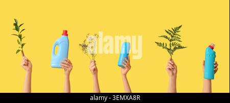 Eco-friendly cleaning products with hands holding green plants and detergent bottles on yellow background, choice between natural and chemical cleanin Stock Photo