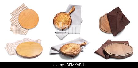 Of wooden cutting boards and napkins for kitchen and food preparation, isolated on white background Stock Photo