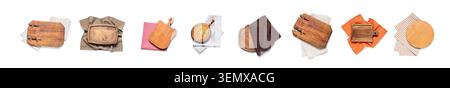Of various wooden cutting boards and kitchen napkins for food preparation and serving, isolated on white background Stock Photo