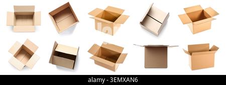 Of empty cardboard boxes for shipping and storage, packaging and delivery solutions, isolated on white background Stock Photo