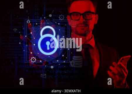Cybersecurity data protection with business professional and digital lock icon on abstract code background, the background features abstract programmi Stock Photo