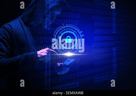Cybersecurity data protection with hacker using smartphone and digital lock icon on binary code background, the background features binary code, inter Stock Photo
