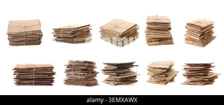 Of stacked cardboard pieces for recycling waste management and sustainable packaging solutions isolated on white background Stock Photo