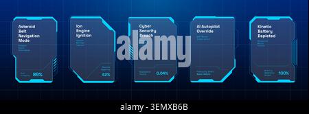 Cyberpunk game interface frame featuring advanced tech panels, holographic HUD elements and neon blue borders for immersive digital screen layouts and futuristic control systems Stock Vector